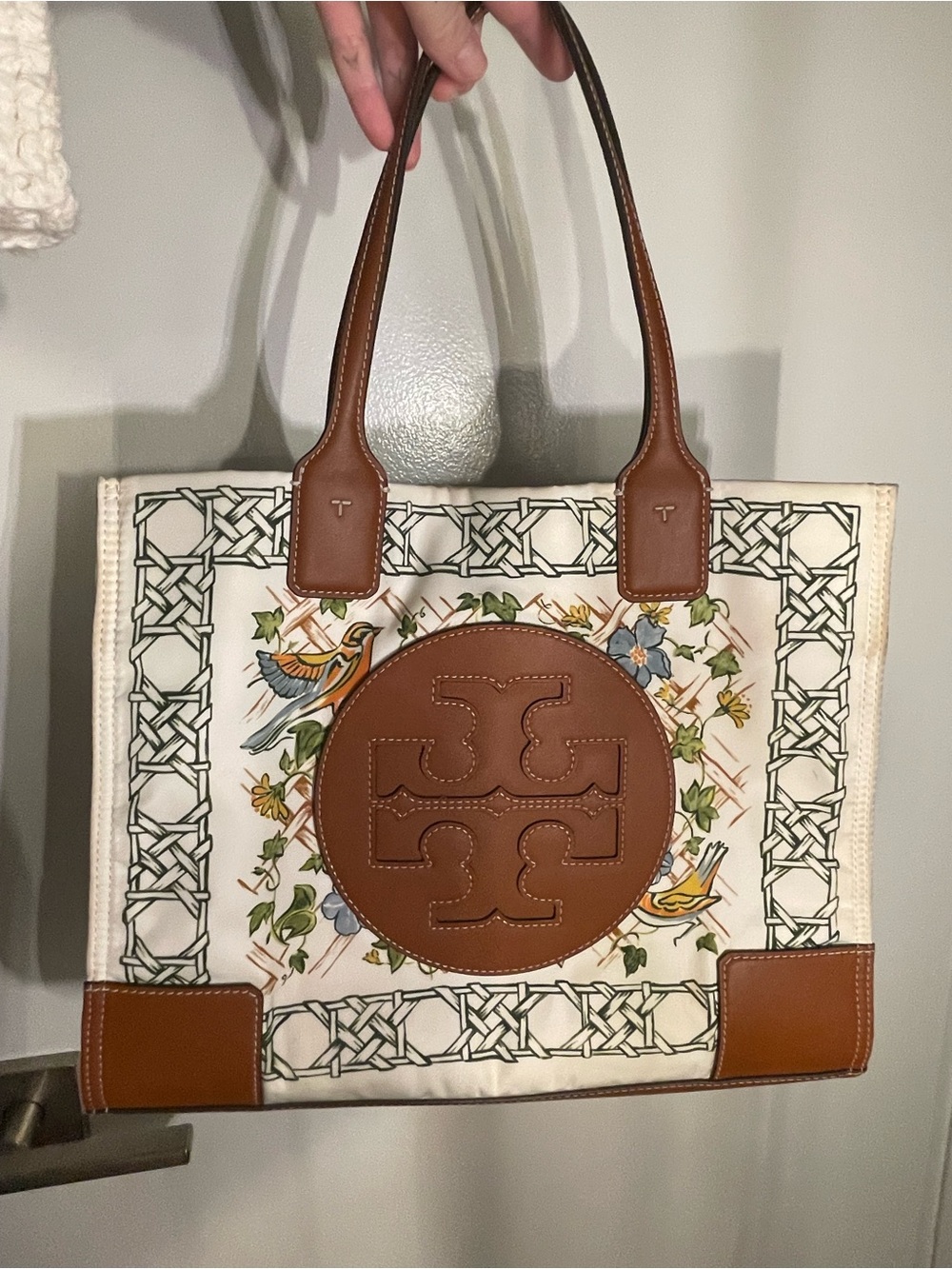 Tory Burch White Nylon Tote with Brown Leather Trim & Floral Accent